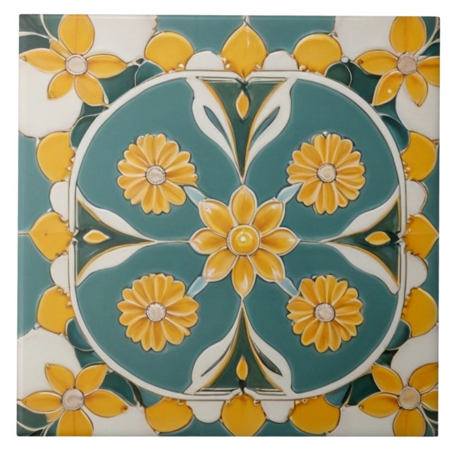 Carreau Fleurs turquoises Jaunes Géométriques Florales Méd (Devant)