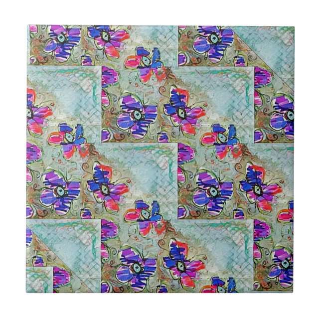 Carreau Fleurs violettes et bleues Carrés Zigzags (Devant)