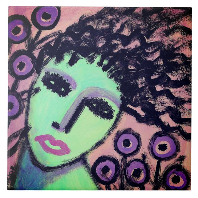 Carreau Fleurs violettes Portrait Abstrait d'une femme (Devant)