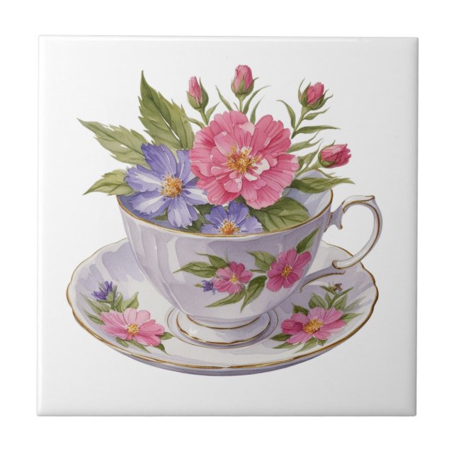 Carreau Fleurs violettes roses dans la tasse de thé Antiqu (Devant)