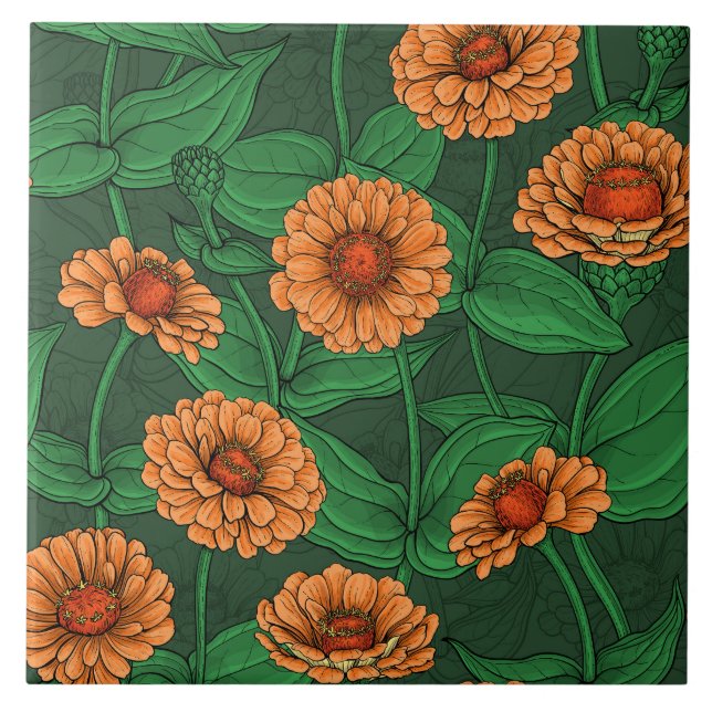 Carreau Fleurs Zinnia orange, feuilles verts sur vert fonc (Devant)