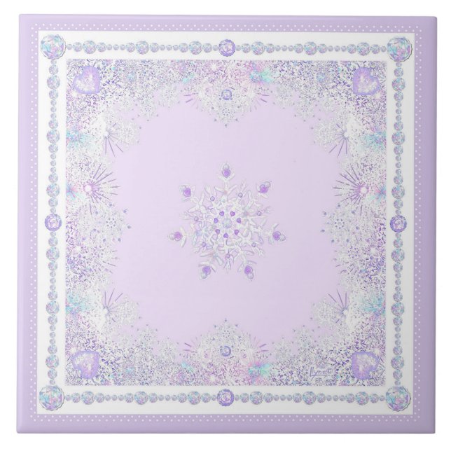 Carreau flocon de neige violet clair et coeur étincelant (Devant)