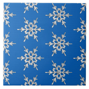 Carreau Flocons de neige, cristaux d'argent sur bleu de co