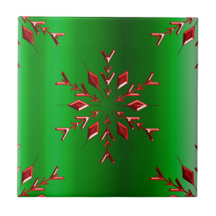 Carreau Flocons de neige rouges sur Noël vert
