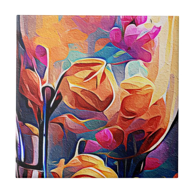 Carreau Floral Abstract Art Orange Red Blue Flowers (Devant)