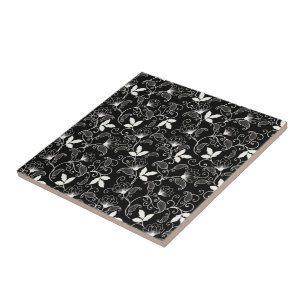 Carreau Floral Abstrait blanc sur Arrière - plan noir