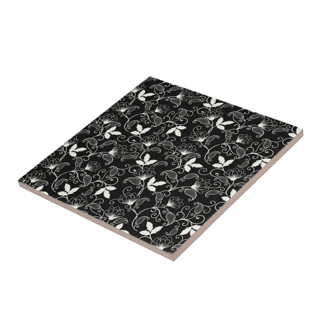 Carreau Floral Abstrait blanc sur Arrière - plan noir (Côté)