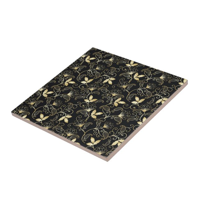 Carreau Floral Abstrait doré sur Arrière - plan noir (Côté)
