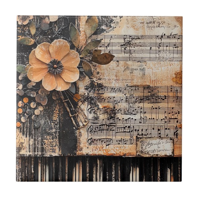 Carreau Floral avec touches de piano rustique et feuille d (Devant)