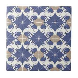 Carreau Floral blanc, beige et bleu foncé