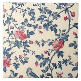 Carreau Floral bleu et rouge Toile de Jouy