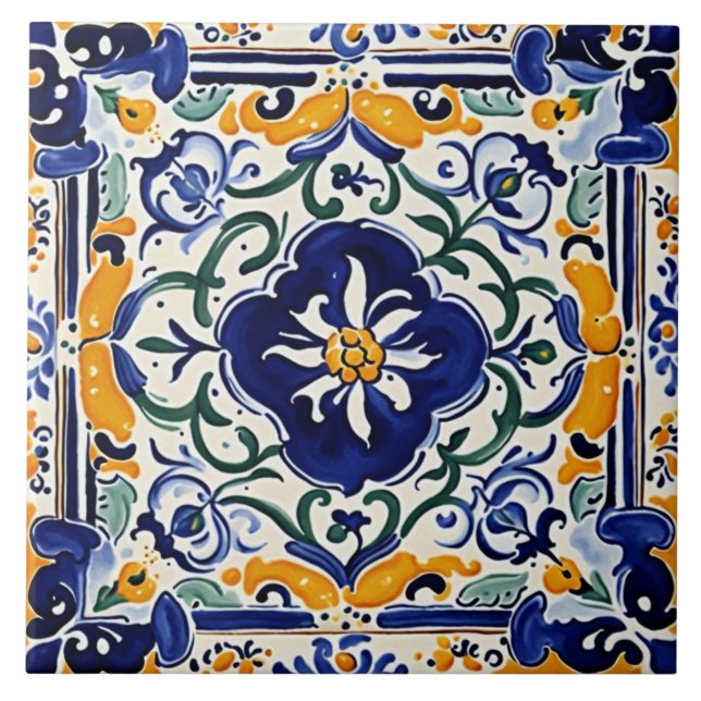 Carreau Floral bleu méditerranéen Jaune Fleur Portugais (Devant)