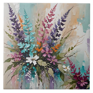Carreau Floral coloré sur Bleu Beige Blanc Lavande