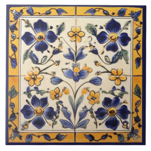 Carreau Floral de fleurs bleu marine et jaune méditerranée