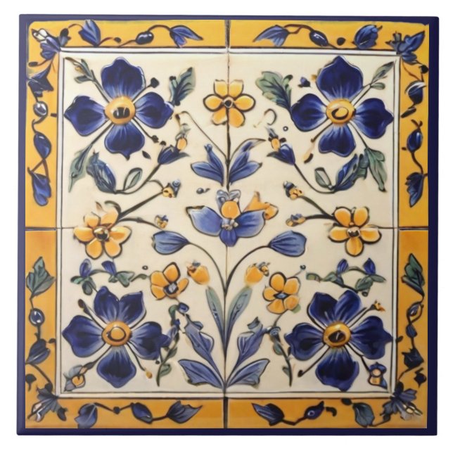 Carreau Floral de fleurs bleu marine et jaune méditerranée (Devant)