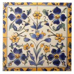 Carreau Floral de fleurs bleu marine et jaune méditerranée