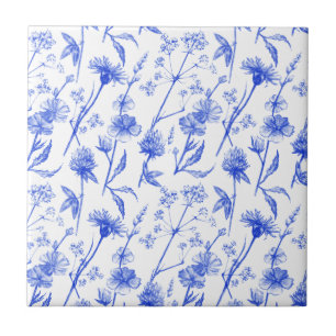 Carreau Floral Elegant Blue Flowers Ceramic Tile