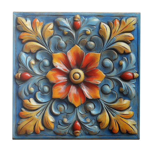 Carreau Floral espagnol mexicain Orange et bleu (Devant)
