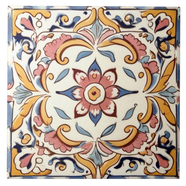 Carreau Floral Fleur bleu rose méditerranéen (Devant)