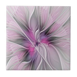 Carreau Floral Fractal moderne Fleur Abstraite rose gris