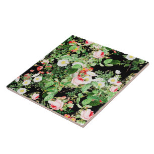 Carreau Floral Imprimer Rose rose et blanc Fleurs sur noir