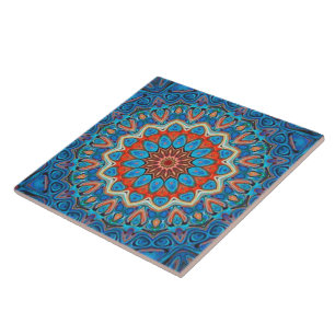 Carreau Floral Mandala Bohemien Bleu Orange Élégant