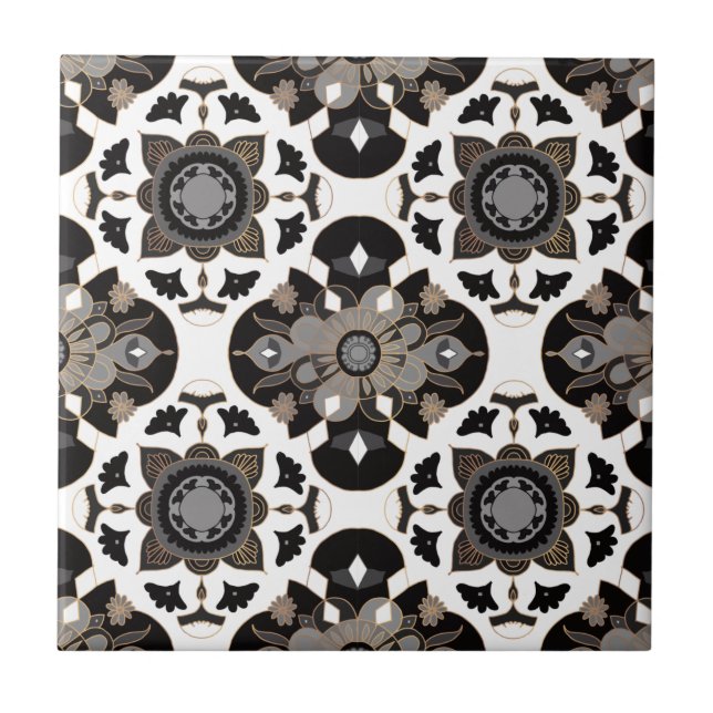 Carreau Floral Mandala Taupe gris noir (Devant)