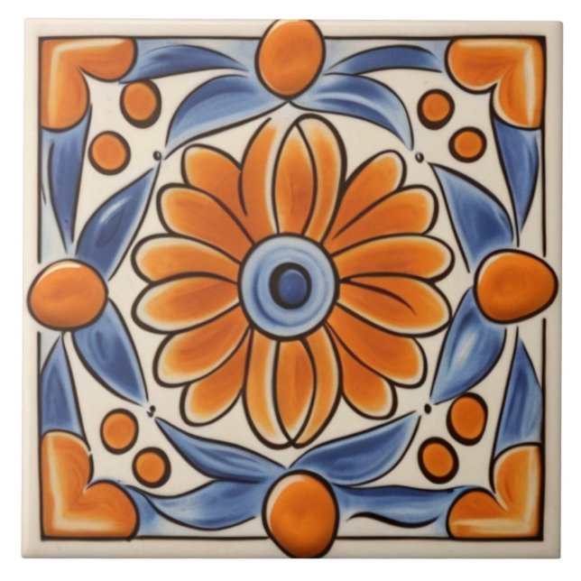 Carreau Floral Orange & Bleu Fleur Méditerranéenne (Devant)