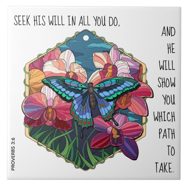 Carreau Floral / Papillon, w verset Proverbes 3:6 (Devant)