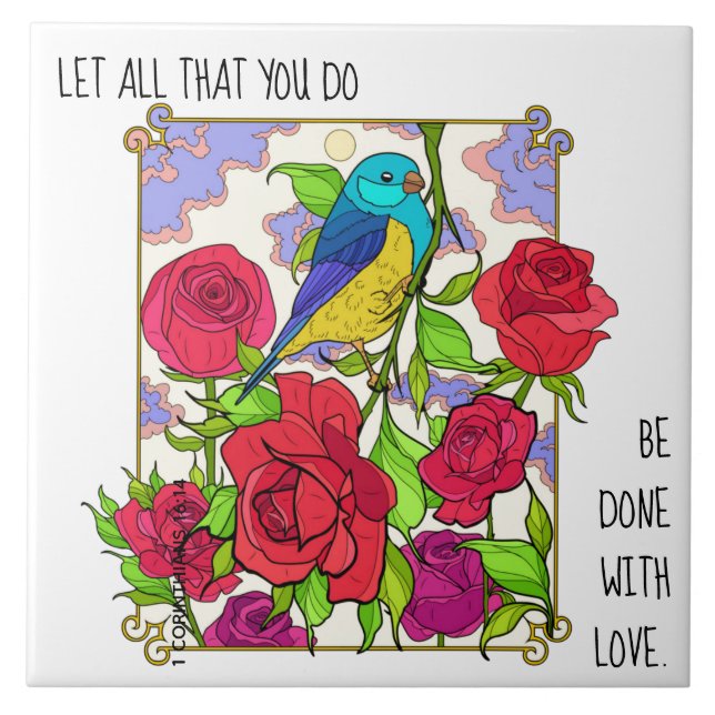 Carreau Floral (Rose), w verset de 1 Corinthiens 16:14 (Devant)