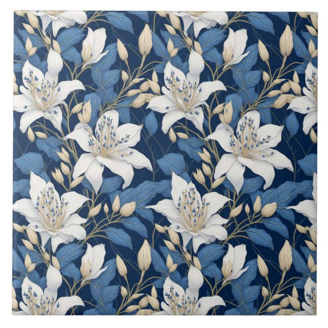 Carreau Floral Seamles Motif Big Liliy Feuilles Bleu Blanc (Devant)