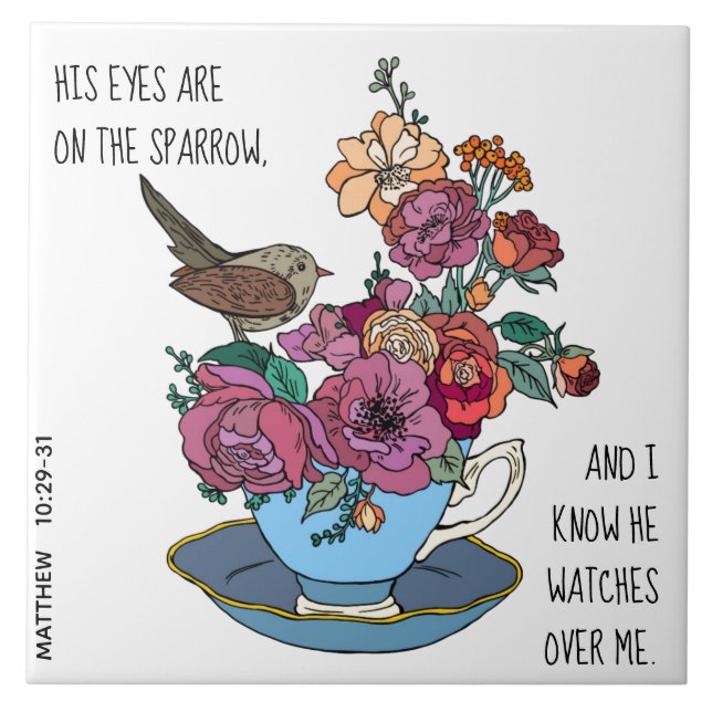 Carreau Floral & Sparrow, w verset de Matthew 10:29-31 (Devant)