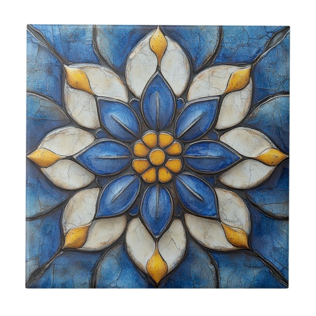 Carreau Flore Azulejo bleu blanc et jaune (Devant)