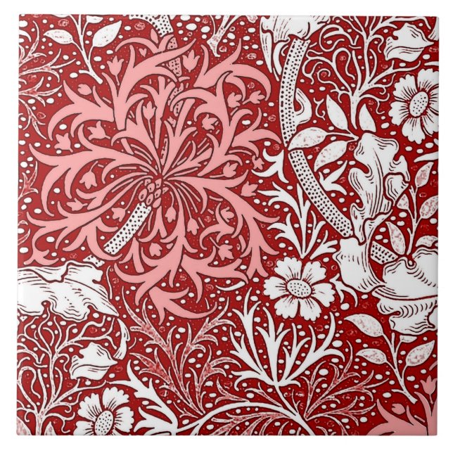 Carreau Flore d'algues marines, rouge profond et blanc (Devant)