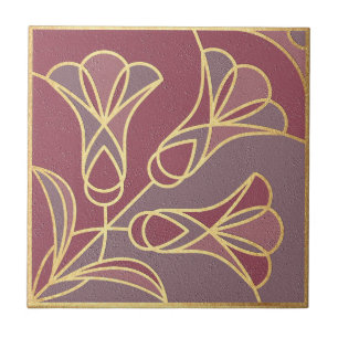 Carreau Flore de mosaïque Art Déco. Mauve et or