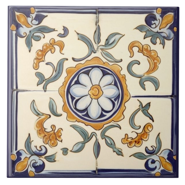Carreau Flore simple Fleur Méditerranée bleue Crème Floral (Devant)