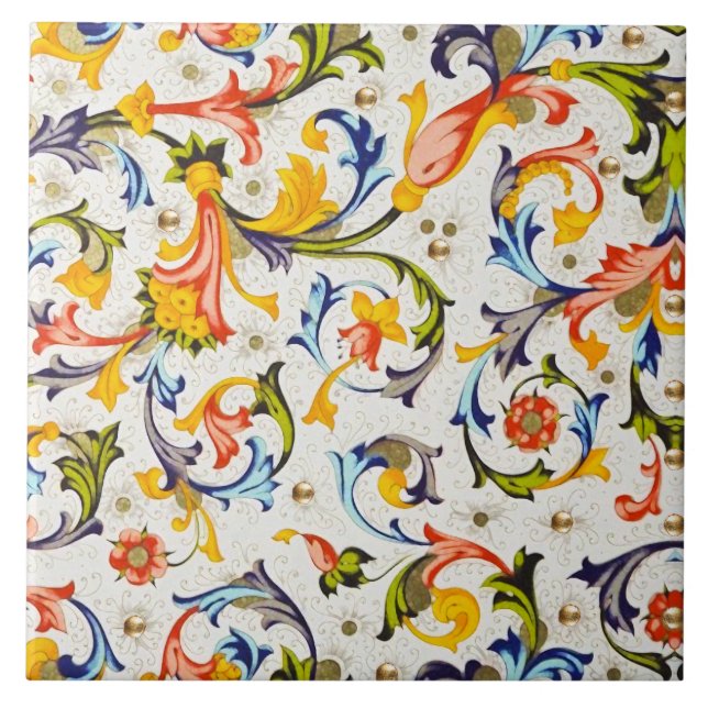 CARREAU FLORENTIN RENAISSANCE JAUNE FLORAL TOURBILLON,FLEU (Devant)