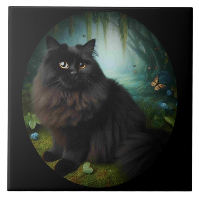 Carreau Fluffy Chat noir en Misty Woods (Devant)