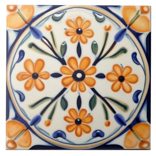 Carreau Folk Art Floral Orange Fleurs Cercle Bleu (Devant)
