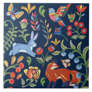 Carreau Folk Art Marine Animal Bois Floral Fox Rabbit