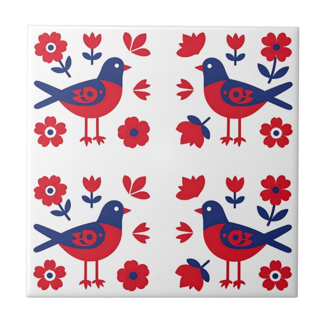 Carreau Folk Art Red Blue Bird Floral Pattern (Devant)