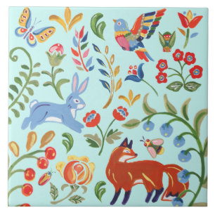 Carreau Folk Turquoise Bleu Bois Forêt Floral Fox lapin