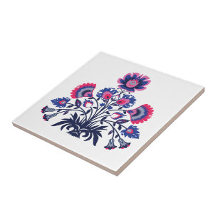 Carreau Folklore violet, rose et bleu style wycinanki