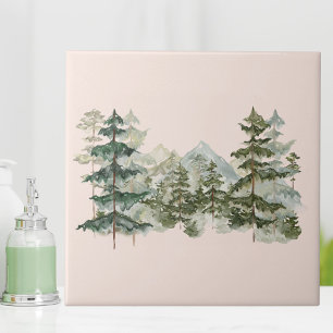 Carreau Forêt de pins et montagne rustique à l'aquarelle