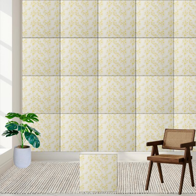 Carreau Forsythie Jaune délicate Motif Floral (Delicate Yellow Forsythia Floral Pattern Ceramic Tile)
