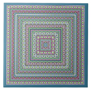 Carreau Foulard ornemental ethnique carré bleu et vert
