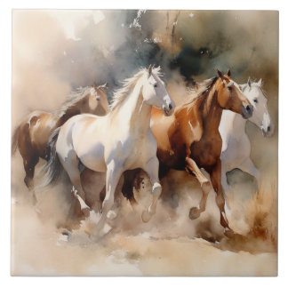 Carreau "Four Galloping Mustangs" Aquarelle Occidentale Du