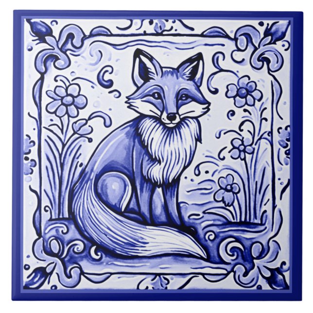 Carreau Fox bleu et blanc méditerranéen Folk Art animal (Devant)