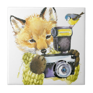 Carreau Fox mignon d'aquarelle prenant des photos