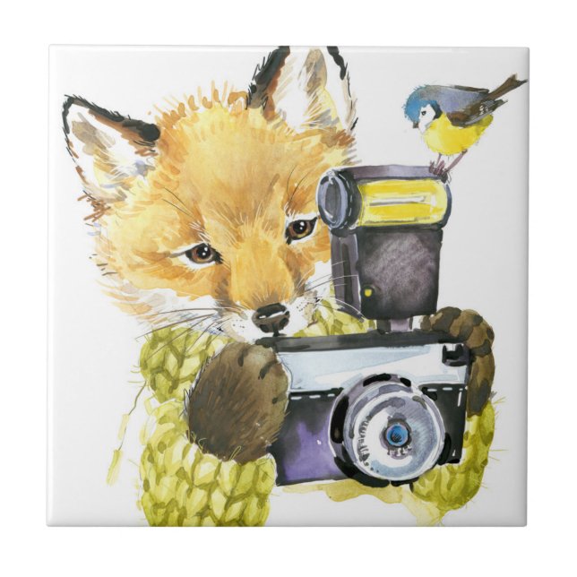 Carreau Fox mignon d'aquarelle prenant des photos (Devant)